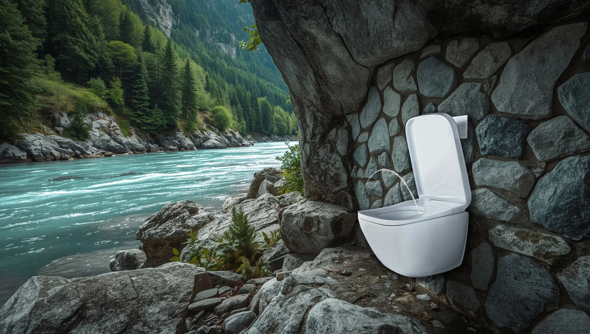 Eine Toilette ist in eine natürliche Felsnische direkt neben einem klaren Gebirgsfluss eingebaut und vermittelt einen surrealen Eindruck.