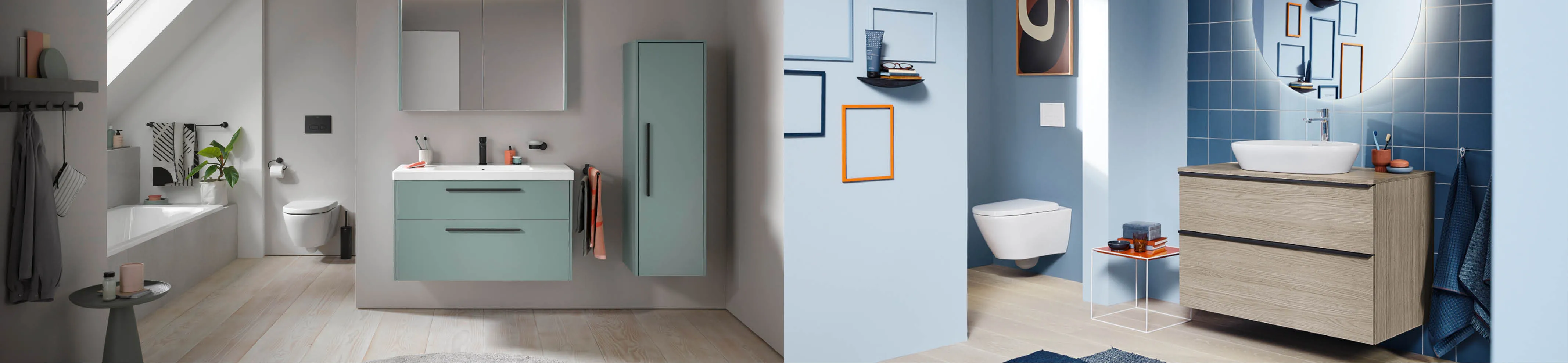 Collage aus zwei modernen Badezimmern mit Duravit D-Code und D-Neo, Waschtisch, WC und stilvollen Farbkonzepten als Inspiration für Badplanung.