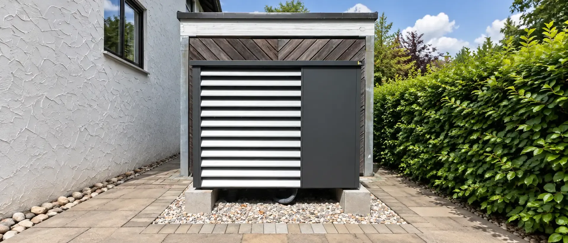 Eine Wärmepumpe mit Sichtschutzverkleidung steht auf einem erhöhten Sockel im Außenbereich neben dem Wohnhaus. Die dunkle Verkleidung mit horizontalen Lamellen fügt sich zwischen Hauswand und dichter grüner Hecke unauffällig in die Umgebung ein.