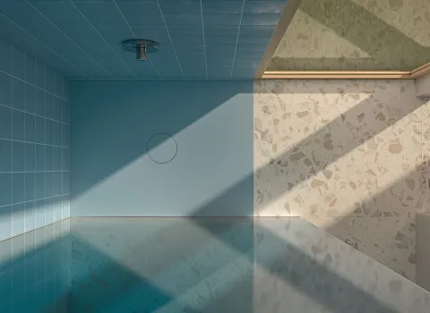 Bodenebene Dusche mit Duschfliese BetteAir in Hellbau und gläsener Duschabtrnnung. Foto-Perspektive: von oben.