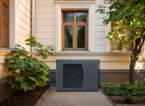 Wärmepumpe SolvisPia von Solvis vor einem Altbau. 