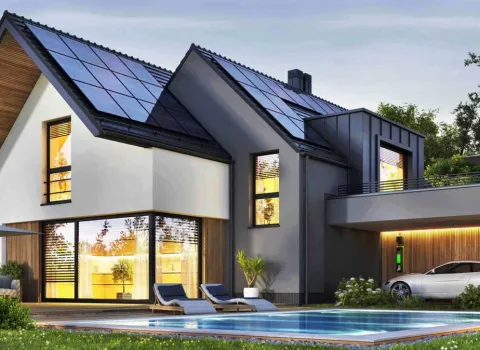 Nachtansicht eines schönen, modernen Hauses mit Sonnenkollektoren, Wallbox und Swimmingpool.