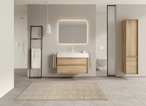 Waschtisch aus der Kollektion Uomo des Herstellers burgbad in der Farbe Eiche Dekor Klassik.