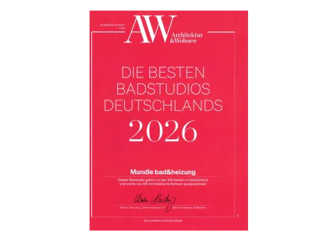 Zertifikat Beste Badstudios herausgegeben von AW Architektur und Wohnen.