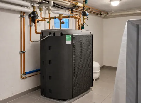 Eine Heizungsanlage mit Wärmespeicher steht in einem Technikraum und ist über zahlreiche Kupferrohre mit der Haustechnik verbunden. Der große, dunkel verkleidete Speicher bildet das zentrale Element der Anlage; darüber verlaufen Armaturen, Ventile und gedämmte Rohrleitungen.