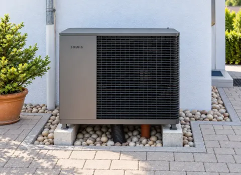 Eine **Solvis Luft/Wasser-Wärmepumpe** steht als Außeneinheit direkt an der weißen Hausfassade auf zwei Betonsockeln. Das dunkelgraue Gerät ist von Kies eingefasst und fügt sich kompakt in den gepflasterten Außenbereich ein.