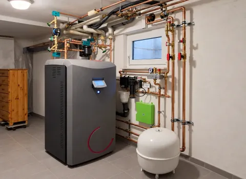 Eine Wärmepumpen-Heizungsanlage im Technikraum mit großem Solvis-Speicher, Ausdehnungsgefäß und umfangreicher Kupferverrohrung. Die Anlage ist mit Pumpen, Ventilen, Armaturen und Steuerungskomponenten zu einem kompakten Heizsystem verbunden.