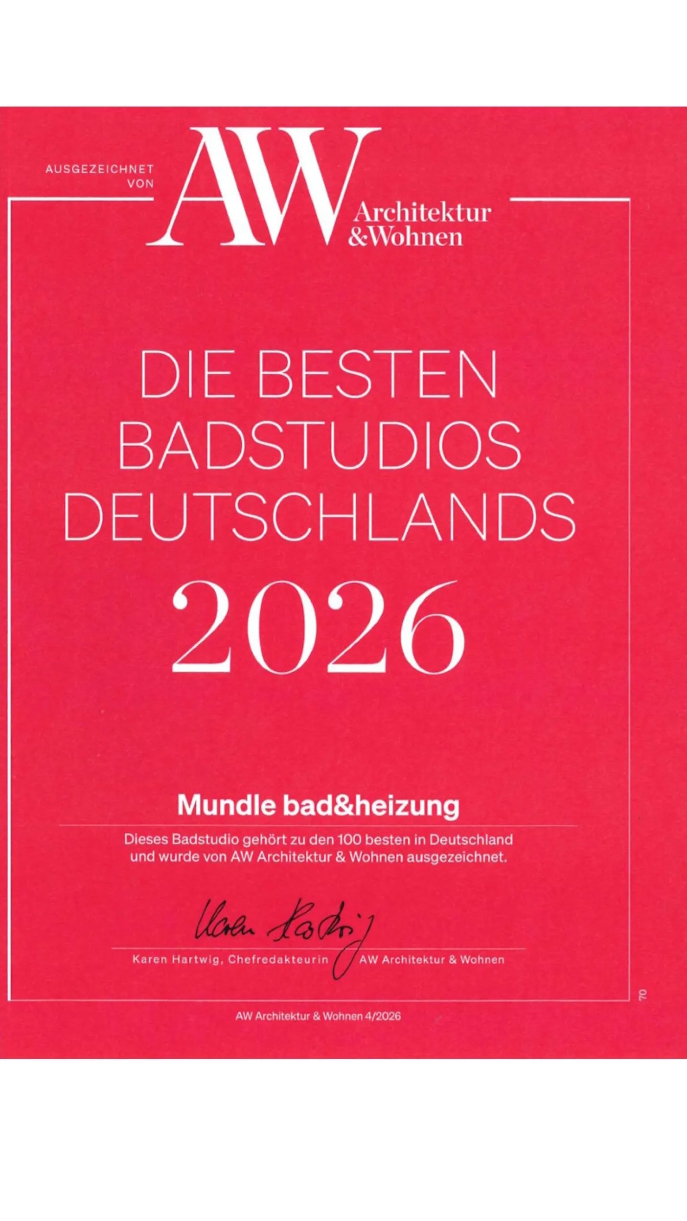 Zertifikat Beste Badstudios herausgegeben von AW Architektur und Wohnen.