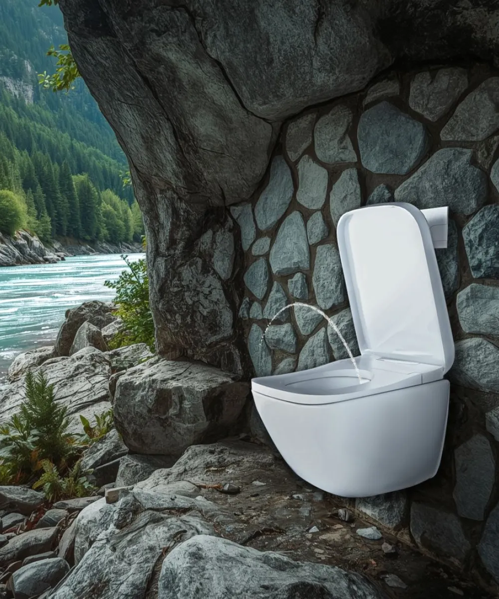 Eine Toilette ist in eine natürliche Felsnische direkt neben einem klaren Gebirgsfluss eingebaut und vermittelt einen surrealen Eindruck.