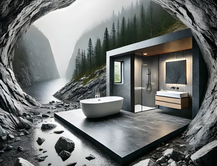 KI-generiertes Bild eines Badezimmers mit freistehender Badewanne in einer Felshöhle über einem Flusstal. 