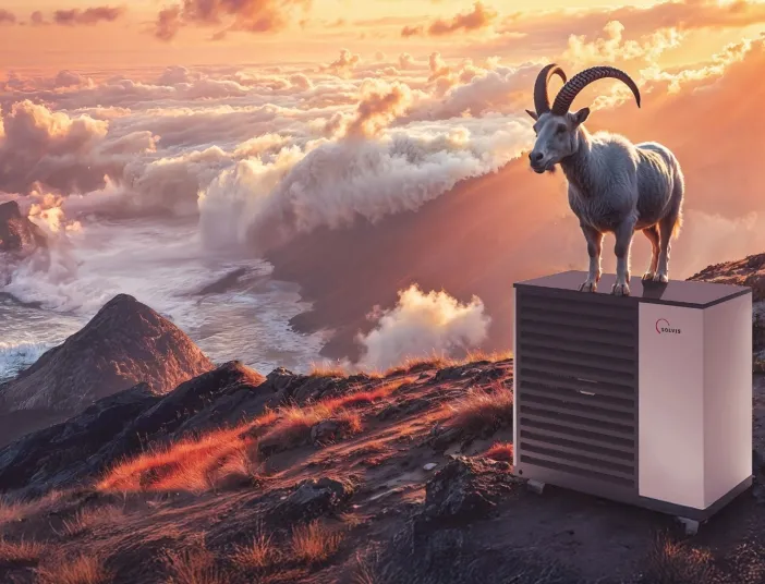 Ein majestätischer Steinbock steht auf einer modernen Wärmepumpe auf einem Berggipfel, umgeben von dramatisch beleuchteten Wolken und Sonnenstrahlen.