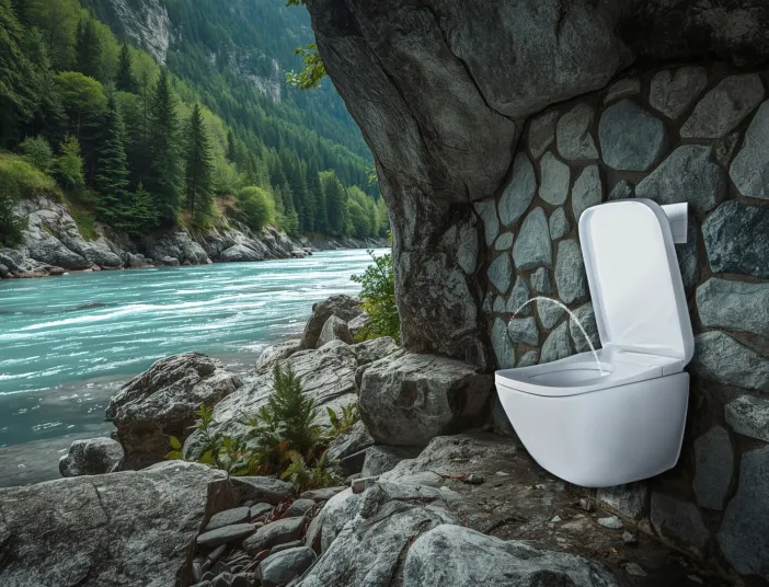 Eine Toilette ist in eine natürliche Felsnische direkt neben einem klaren Gebirgsfluss eingebaut und vermittelt einen surrealen Eindruck.